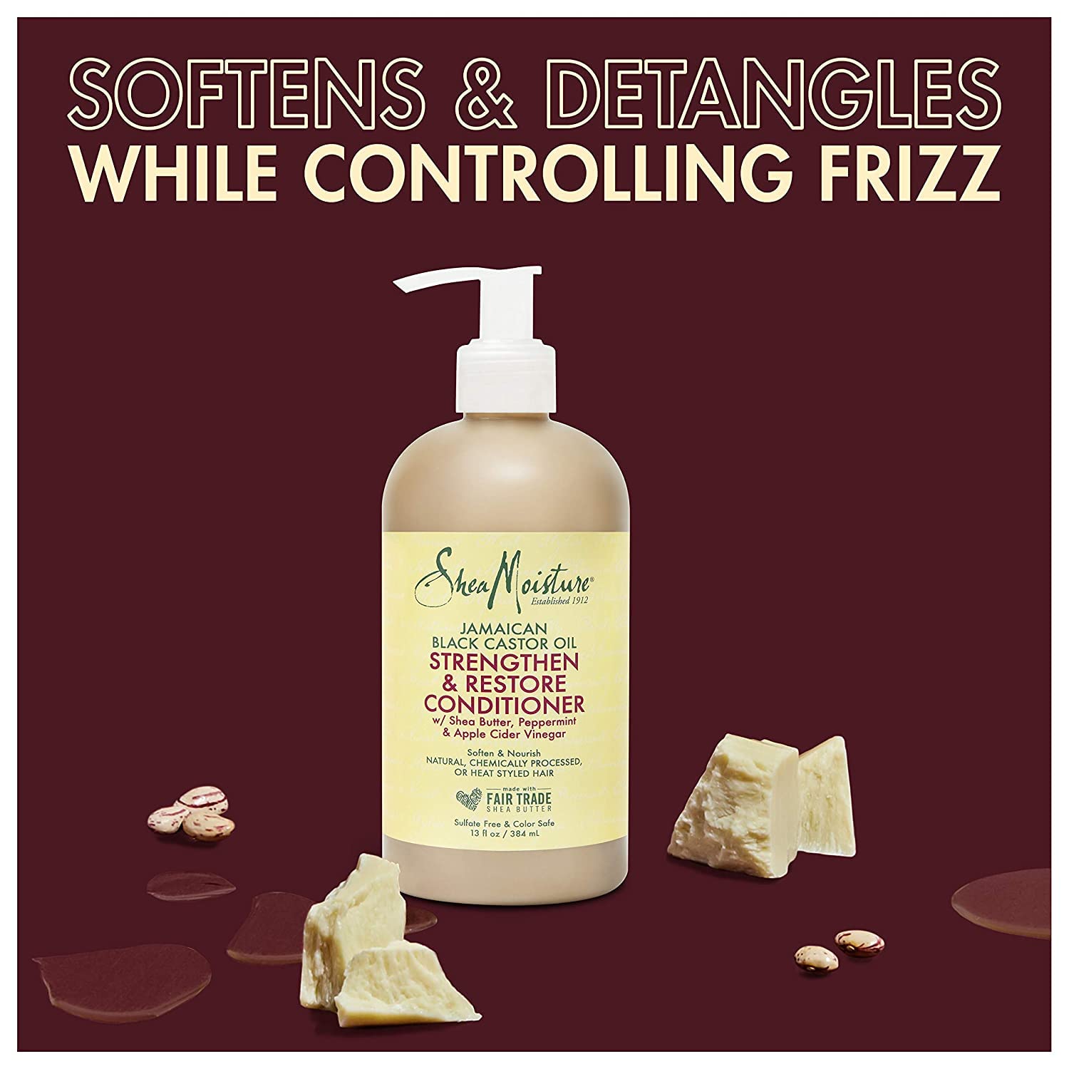 SheaMoisture Jamaican Black Castor Oil 13 oz. Strengthen, Grow & Restore Conditioner with Shea Butter, Peppermint and Keratin - Sulfate Free and Color Safe - Value Pack of 2 Each